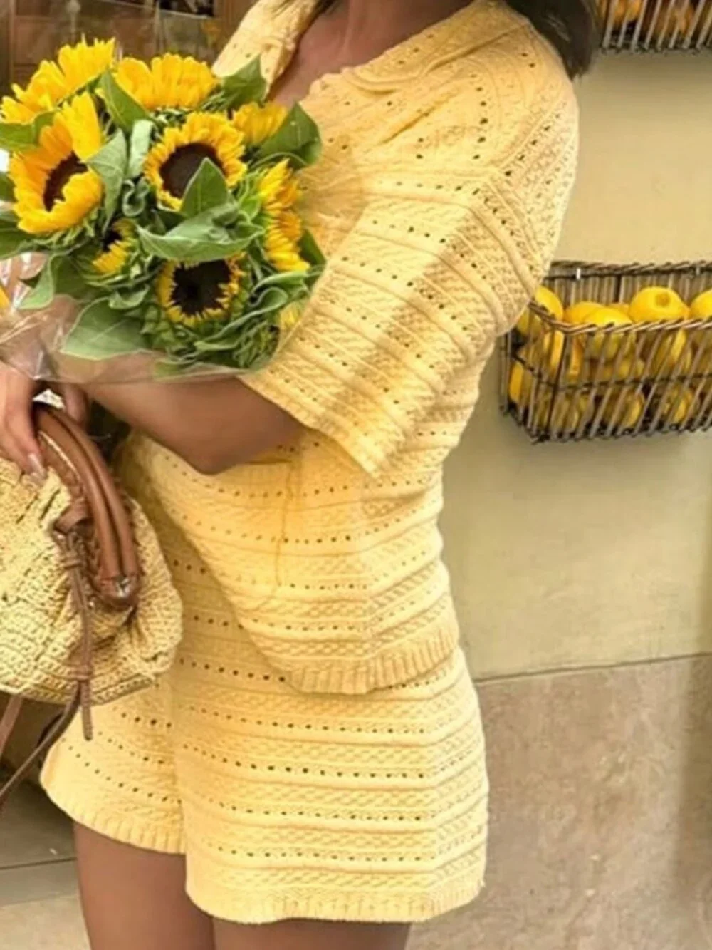 Yellow Casual Women's Knit Textured Cardigan and Shorts set
